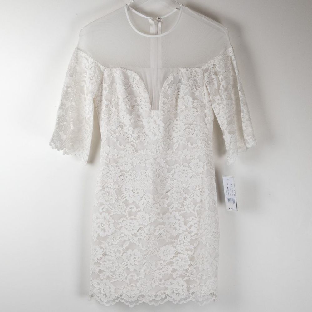 Nicole Miller Sweetheart Lace Dress Mini Mesh 3/4 Sleeve Cocktail White Sz 4 New - Picture 2 of 7